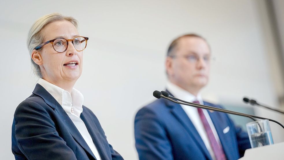 Alice Weidel und Tino Chrupalla stehen gemeinsam an der Spitze der AfD und sind auch Co-Vorsitzende der AfD-Bundestagsfraktion. (Archivfoto) Foto: Kay Nietfeld/dpa