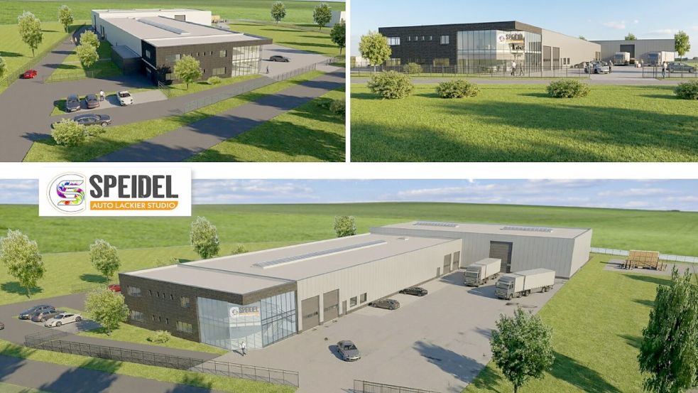 So könnte das neue „Speidel Auto Lackier Studio“ im C-Port am Küstenkanal aussehen: Visualisierung eines modernen Lackier- und Karosseriezentrum-Komplexes mit Hallen- und Bürobereichen sowie Zufahrten, Parkplätzen und Grünflächen. Foto: Auto Lackier Studio Speidel GmbH