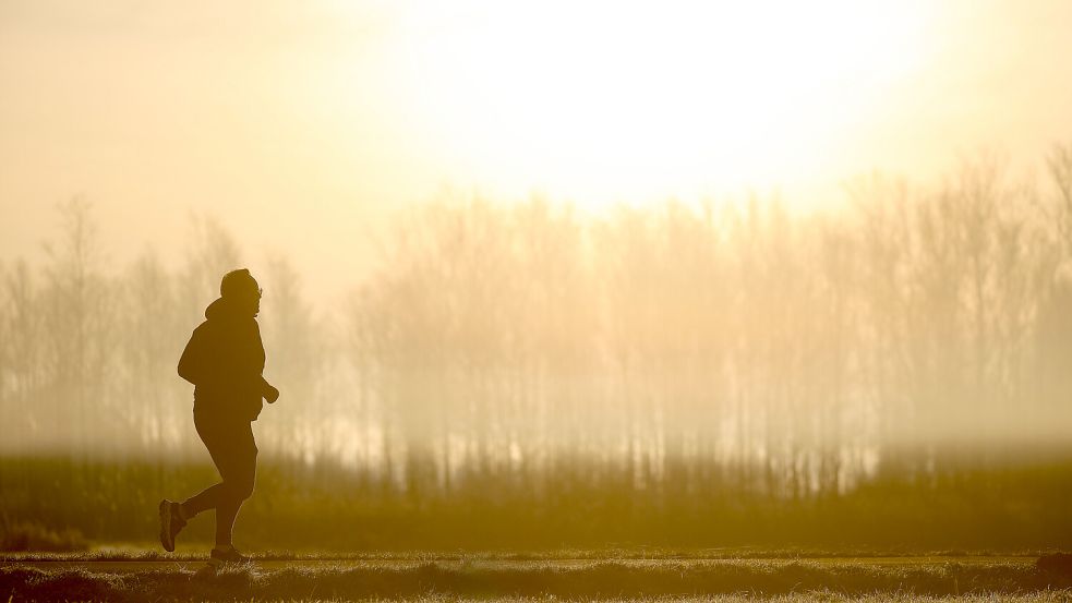 Ein Jogger ist am Morgen im Gegenlicht der Sonne unterwegs, während sich der Himmel durch Saharastaub gelb verfärbt hat. Der Saharastaub wird in den kommenden Tagen für farbenprächtige Sonnenauf- und untergänge sorgen. Foto: Thomas Warnack/dpa
