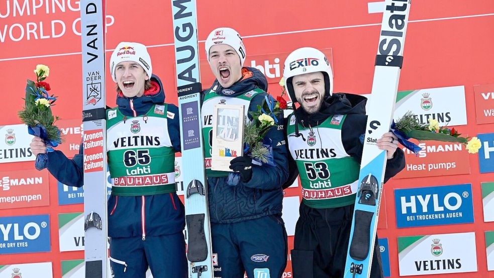 Philipp Raimund jubelte über Platz eins in Lahti. Foto: Emmi Korhonen/Lehtikuva/dpa