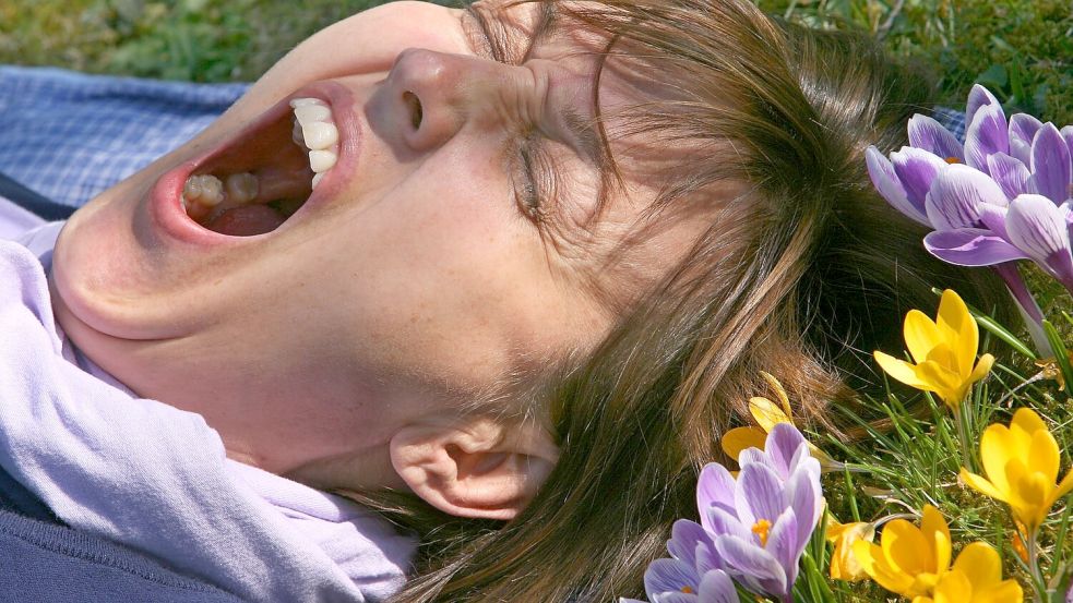 Eine Frau liegt auf einer mit Krokussen bewachsenen Wiese und gähnt. (Archivbild) Foto: picture alliance / Karl-Josef Hi