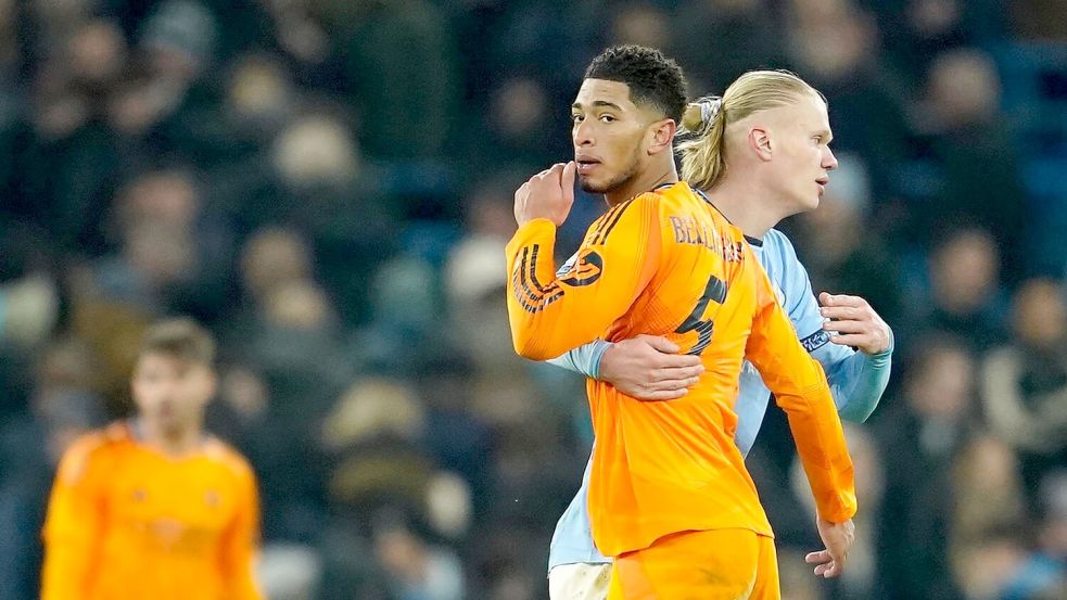 Erling Haaland (r) wird Manchester City in Madrid zur Verfügung stehen. (Archivbild) Foto: Dave Thompson/AP/dpa