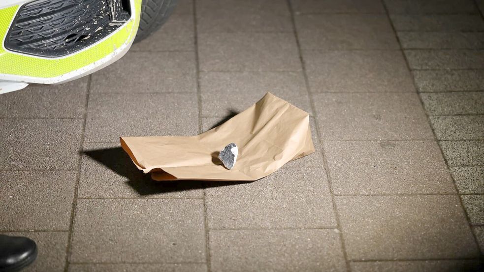 Der Meteorit in Koblenz wurde zum Größenvergleich vor ein Auto gelegt. Foto: Thomas Frey