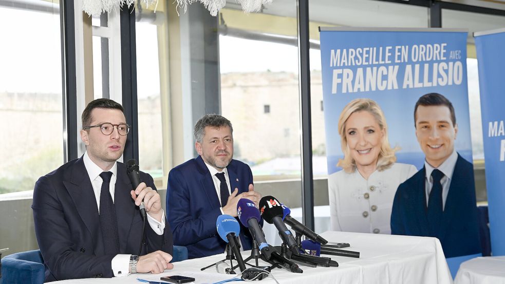Der Rassemblement National um den Vorsitzenden Jordan Bardella (l) erhofft sich ein starkes Ergebnis. Foto: IMAGO/William Cannarella