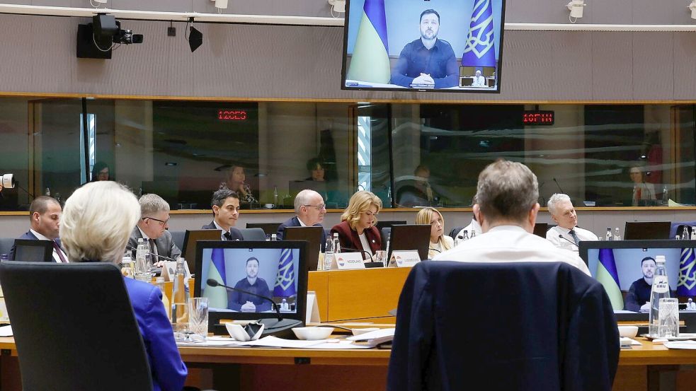 Selenskyj sprach über eine Videoverbindung zu den europäischen Spitzenpolitikern. Foto: Geert Vanden Wijngaert/Pool AP/A