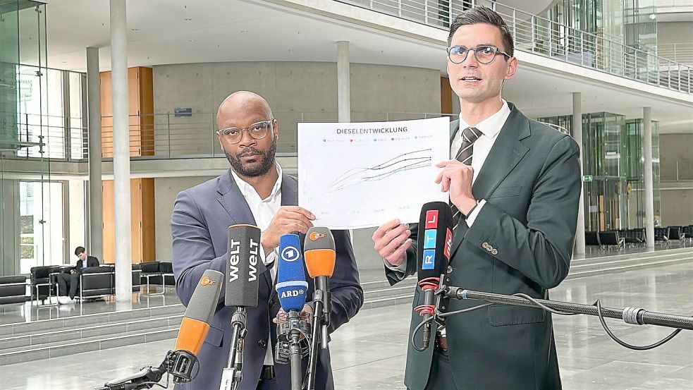 Die Chefs der Taskforce zu den Auswirkungen des Iran-Krieges, Armand Zorn (SPD, l.) und Sepp Müller (CDU), erläutern Maßnahmen zur Entlastung der Bürger, sollte der Krieg noch lange andauern. Foto: Jörg Ratzsch/dpa