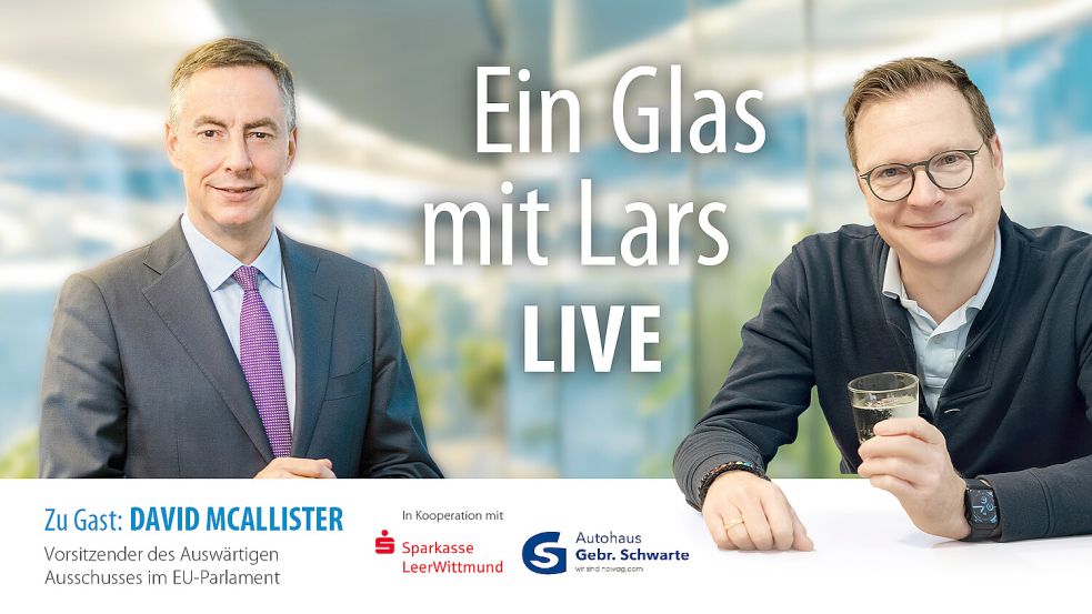 David McAllister kommt am 7. Mai 2026 ins SparkassenForum nach Leer. Grafik: Sara van Allen