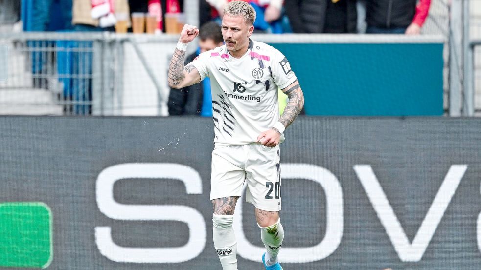 Bringt Mainz in Führung: Stürmer Phillip Tietz. Foto: Uwe Anspach