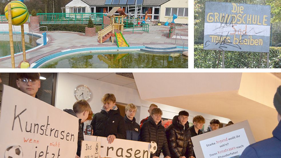 Das Freibad, die Grundschule Burlage und der Kunstrasenplatz sind Dauerthemen. Fotos: Archiv