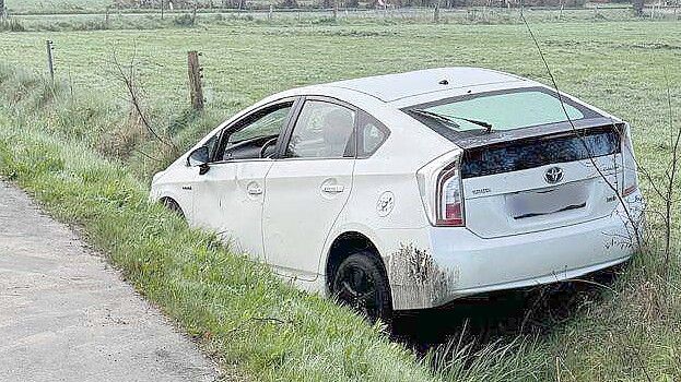 Der Toyota Prius kam nach dem Unfall auf der Großwolder Straße in Westoverledingen im Straßengraben zum Liegen. Der Fahrer wurde später alkoholisiert an seiner Wohnanschrift angetroffen. Foto: Daniel Grüneke