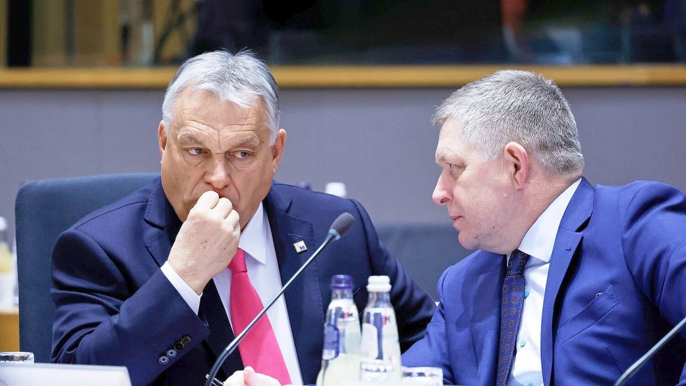 Ungarns Ministerpräsident Viktor Orban (l) und der slowakische Ministerpräsident Robert Fico blockierten gemeinsam die neuen EU-Sanktionen gegen Russland. (Archivbild) Foto: Omar Havana/AP/dpa