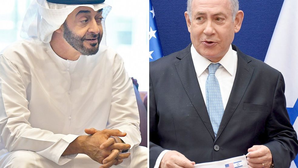 Der Präsident der Vereinigten Arabischen Emirate (VAE), Mohammed bin Sajid, und Israels Ministerpräsident Benjamin Netanjahu. (Archivbild) Foto: Debbi Hill/Pool UPI/AP/dpa