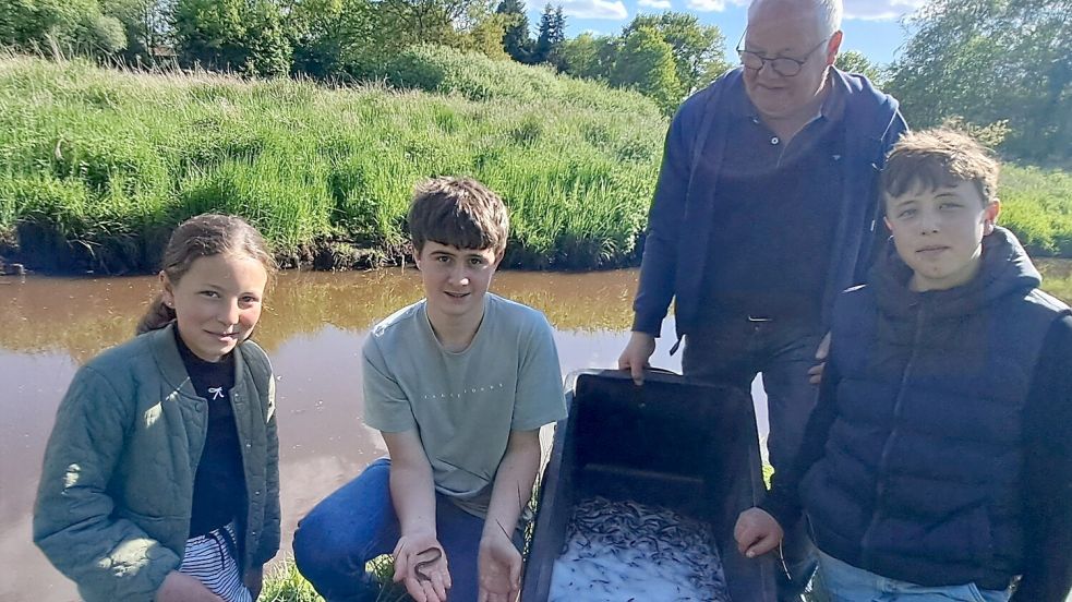 Gewässerwart Hilko Eilers mit den Jugendlichen Jantje Reemts, Leif Kramer und Tim Reemts (von links) bei einer Besatzmaßnahme am Langholter-Burlager Tief. Foto: Torsten Kramer
