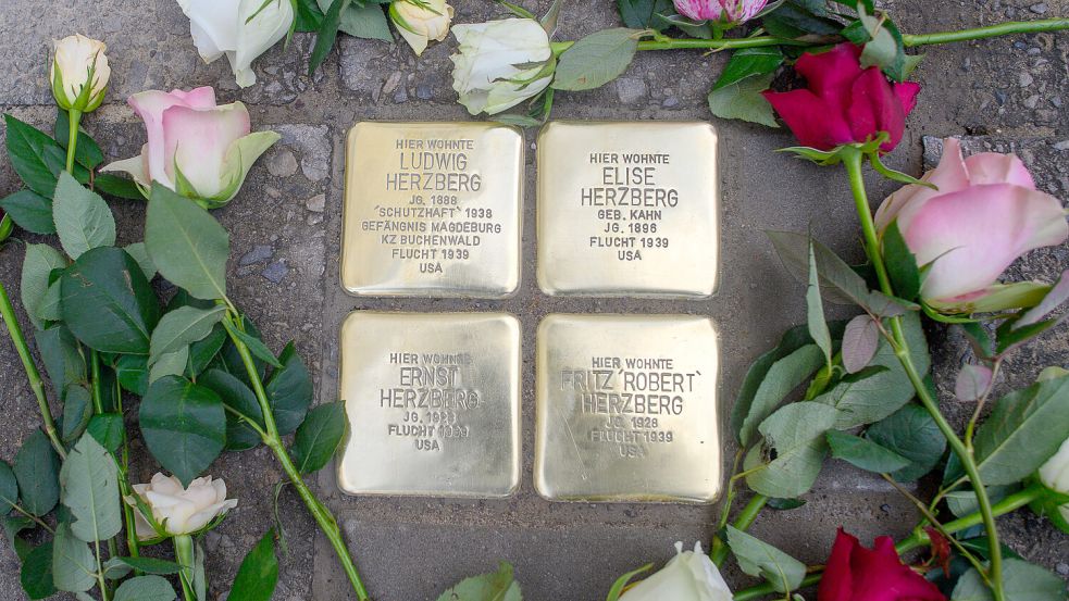 Die AfD verlangt, dass der Hamburger Senat Tafeln aufstellt, um an zwei Gewalttaten der jüngsten Vergangenheit zu erinnern – bebildert ist diese Forderung mit einem Foto von Stolpersteinen. Foto: dpa/Klaus-Dietmar Gabbert