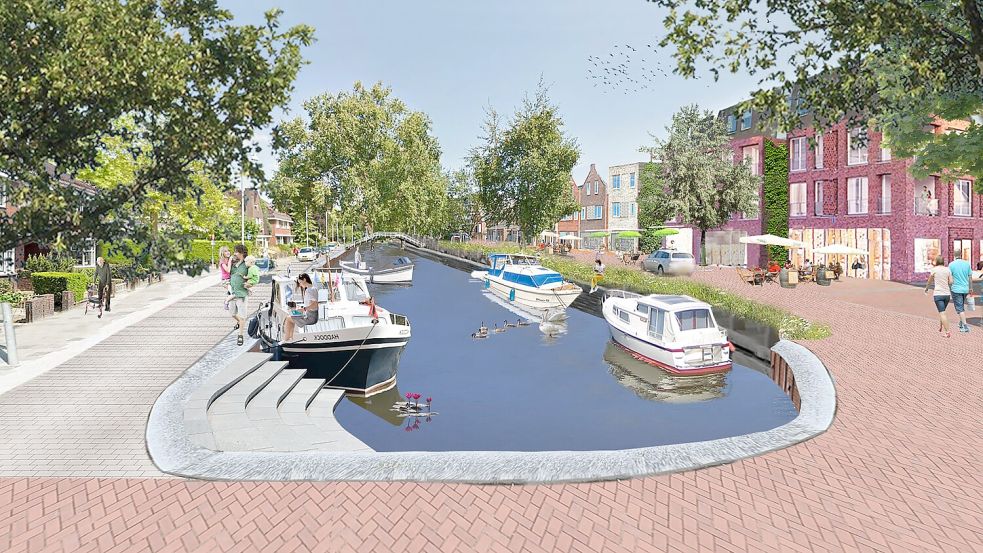 Wie diese künstlerische Darstellung könnte der Anleger am Burgemeester Schönfeldplein aussehen. Grafik: Gemeinde Oldambt