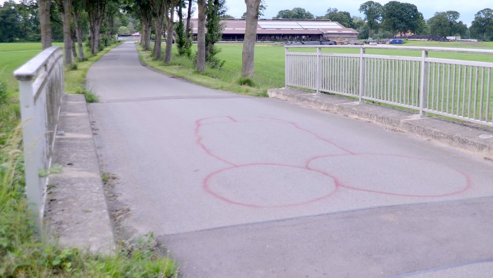 Auf die Osterhörner Straße im Zuge der Brücke übers Holter Schöpfwerkstief hat jemand mit Sprühfarbe einen Penis gemalt. Die Gemeinde Rhauderfehn wurde daraufhin aktiv. Foto: Astrid Fertig