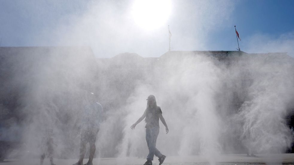 Wassernebel zur Abkühlung: Nicht nur in Hamburg ist jede Hitzepause willkommen. Foto: Marcus Brandt/dpa