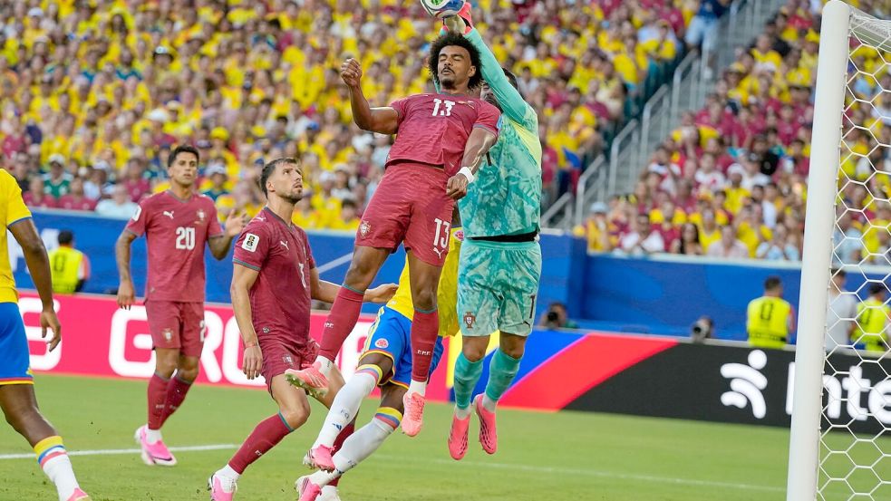 Portgals Verteidiger Renato Veiga und sein Torwart Diogo Costa behindern sich gegenseitig. Foto: Lynne Sladky