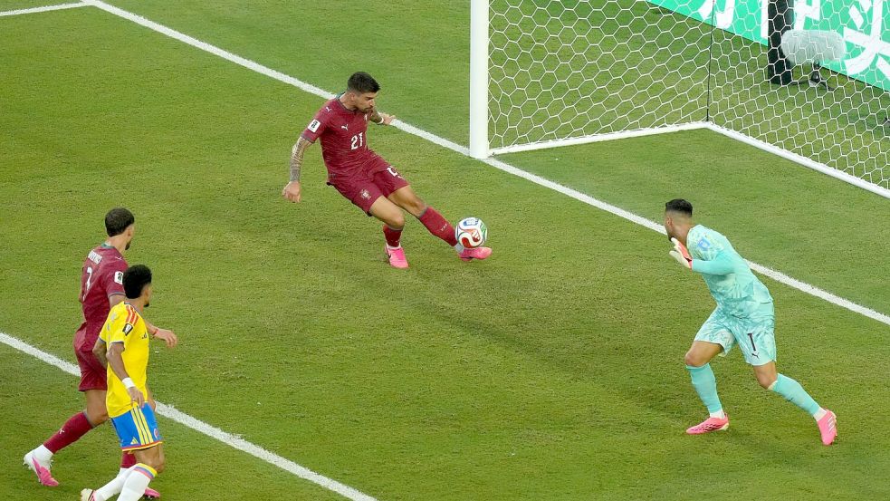 Portugals Ruben Neves klärt den Ball kurz vor der Torlinie. Foto: Marta Lavandier