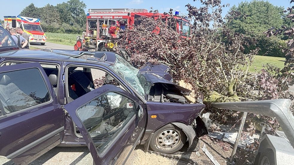 Eine 84-jährige Frau kollidierte mit ihrem VW Golf mit einem Baum, einem Stromkasten und einer Straßenlaterne. Fotos: Henrik Zein