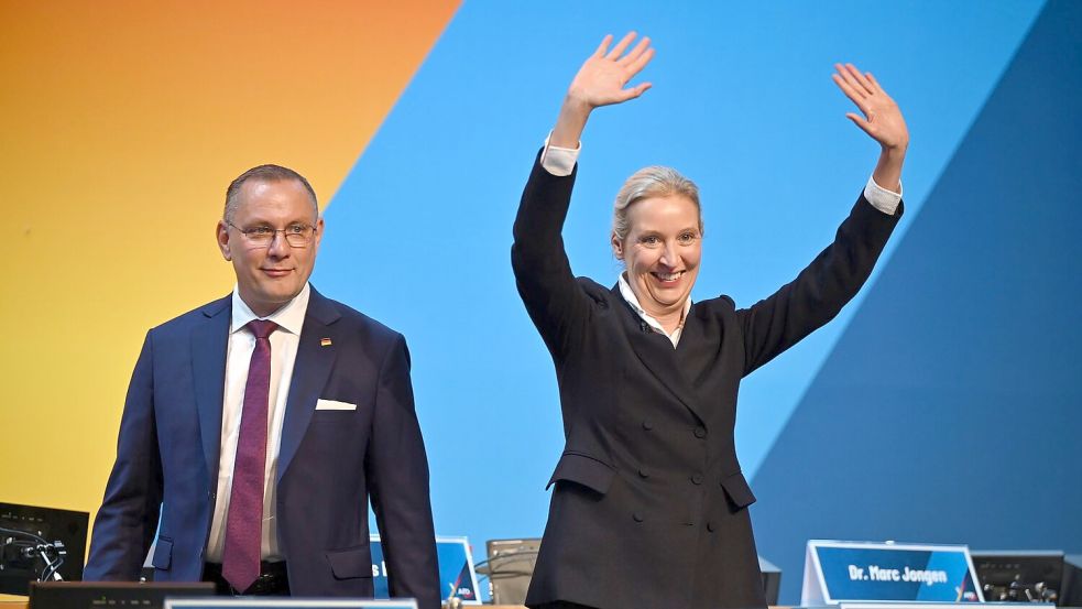 Tino Chrupalla und Alice Weidel bilden auch weiterhin das Spitzenduo der AfD. Foto: Katharina Kausche/dpa