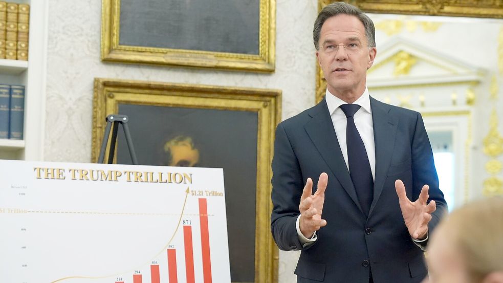 Zahlen für Trump: Nato-Generalsekretär Mark Rutte brachte dem US-Präsidenten jüngst sogar eine Schautafel mit. Das Diagramm war mit den Worten „Die Trump-Billion“ überschrieben. (Archivbild) Foto: Jacquelyn Martin