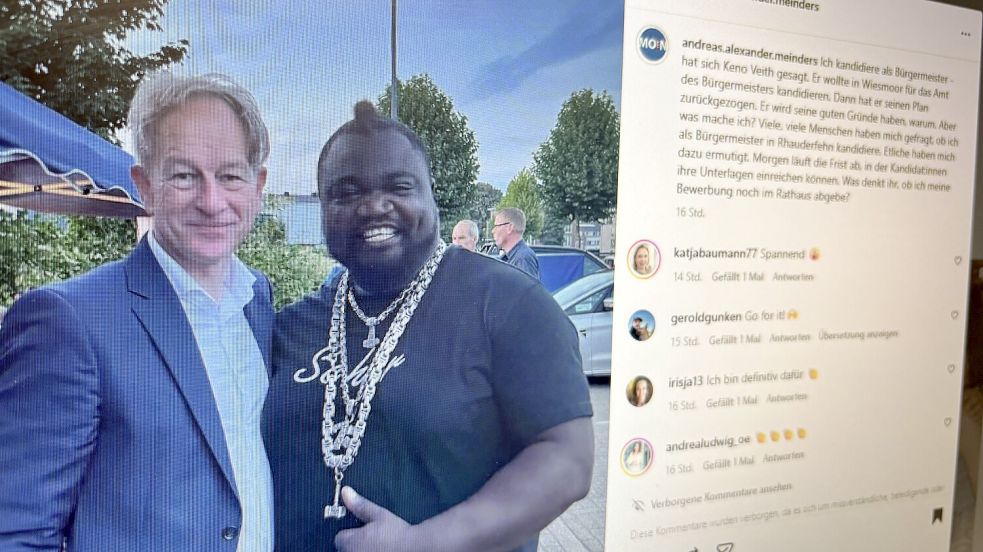 Dieses Foto mit Keno Veith postete Andreas Meinders am Wochenende. Veith habe seine Kandidatur für das Bürgermeister-Amt in Wiesmoor zurückgezogen. „Er wird seine guten Gründe haben, warum. Aber was mache ich? Viele, viele Menschen haben mich gefragt, ob ich als Bürgermeister in Rhauderfehn kandidiere“, schrieb Meinders dazu. Jetzt ist raus: Er kandidiert nicht. Foto: Instagram/Marion Janßen