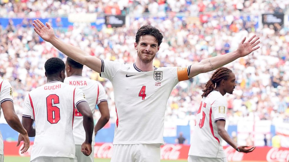 Declan Rice bejubelt die frühe Führung. Foto: Martin Rickett