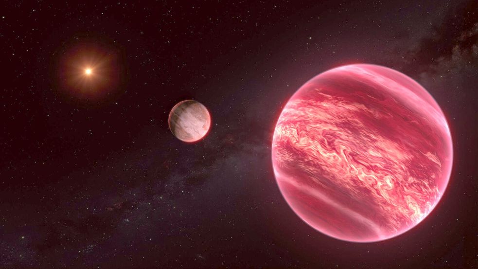 Künstlerische Darstellung des Systems um den Stern CD-35 2722. Das System besteht aus einem Stern, einem Braunen Zwerg und einem Satelliten. Foto: M. Kornmesser/ESO/dpa