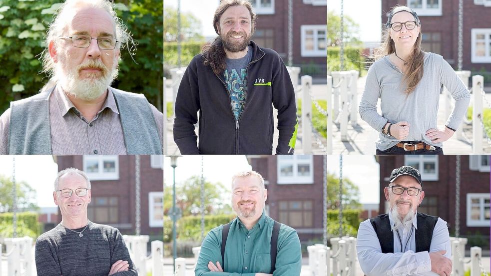Die Kandidaten: Alf Schaa (obere Reihe von links), Jonas Koch, Natascha Zwik sowie Uwe Prahm (untere Reihe von links), Daniel Bierstedt und Thorsten Vesper. Foto: Bündnis 90/Die Grünen Ortsverband Overledingerland