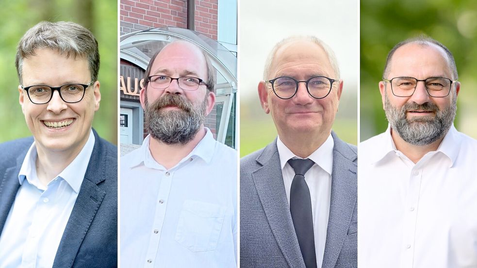 Sie wollen neuer Saterländer Bürgermeister werden: (von links) Markus Janssen (CDU), Carsten Ambacher (SPD), Joachim Schoone (parteilos, unterstützt von der AfD) und Sven Stratmann (parteilos). Fotos: privat/Collage: Tomma Menninga