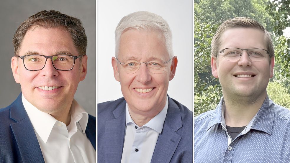 Amtsinhaber Matthias Groote (SPD, Mitte) wird von Olaf Bade (parteilos, links) und Jens Völker (FDP) herausgefordert. Fotos: Tom Peschel (1)/privat