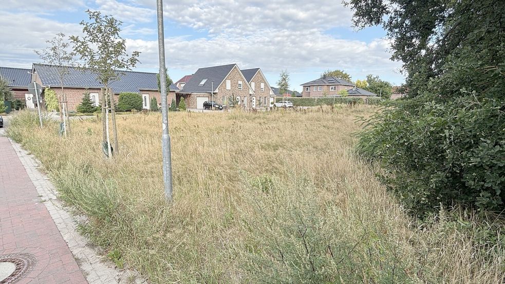 In Flachsmeer ist im Baugebiet Rosmarinring bis auf eine Fläche (Bild) alles bebaut worden. Die freie Fläche ist allerdings auch schon verkauft worden. Dort sollen zwei Gebäude für sozialen Wohnungsbau mit jeweils fünf Wohneinheiten entstehen. Foto: Carsten Ammermann