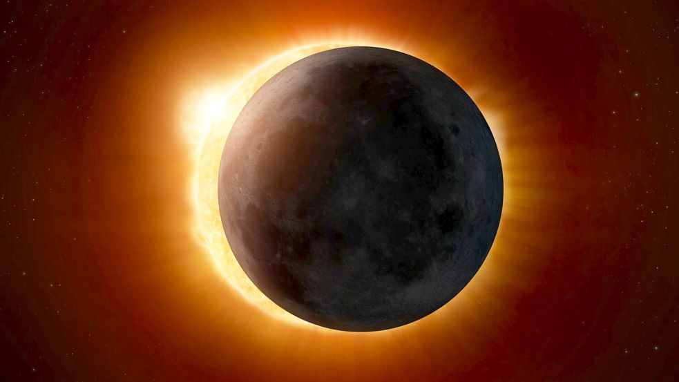 Künstlerische Darstellung einer Sonnenfinsternis. Der Mond steht genau vor der Sonne, so dass sein Schatten auf die Erde fällt. Foto: Handout / Berlin/Esa/dpa