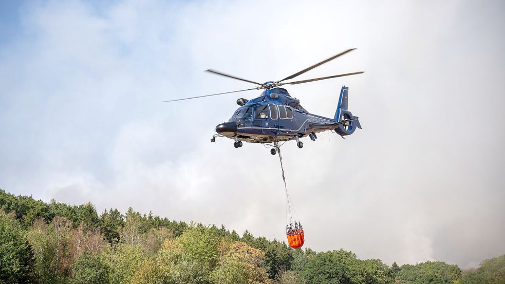 Etwa zehn Löschhubschrauber kommen bei der Brandbekämpfung im Hürtgenwald zum Einsatz. Foto: Harald Tittel