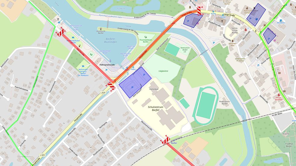 Die Grafik zeigt die Sperrungen zum Barßeler Hafenfest in Rot sowie die ausgewiesenen Parkflächen in Blau. Grafik: Gemeinde Barßel