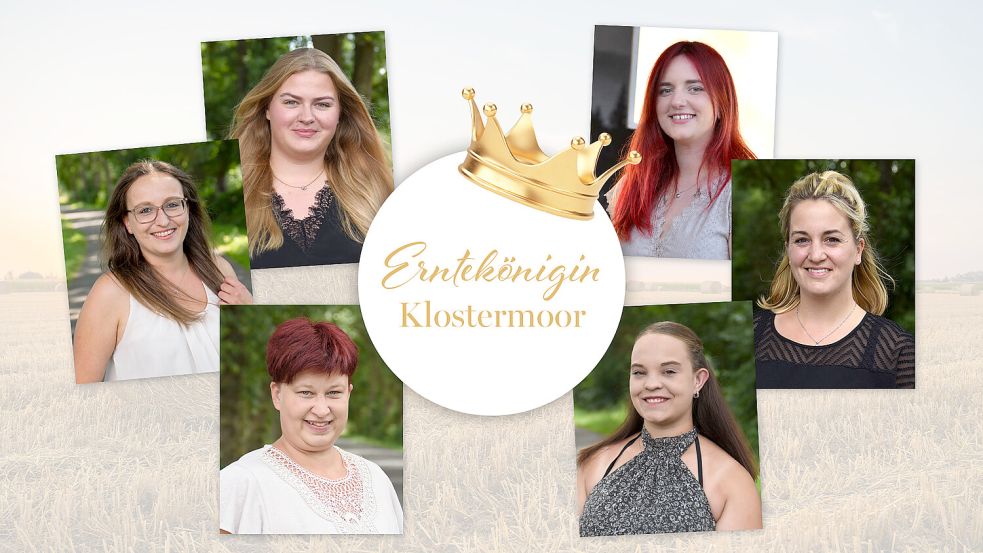 Sie wollen in diesem Jahr Erntekönigin werden (von links, im Uhrzeigersinn): Melanie Cordes, Thalea Dornbusch, Lea-Marie Ulpts, Michaela Park, Jona Brand und Jennifer Wienberg. Fotos: privat/Collage: Kirsten Schüür