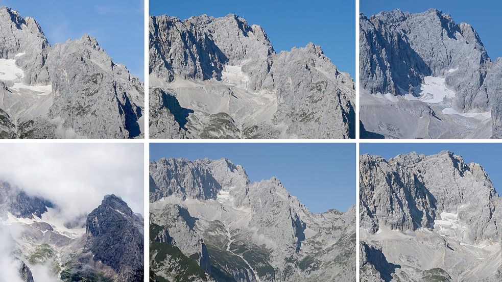 Die Fotos zeigen die Reste des Gletschers Höllentalferner - 2021 (oben links), 2022 (oben Mitte), 2023 (oben rechts), 2024 (unten links), 2025 (unten Mitte) und 2026 (unten rechts). Foto: Angelika Warmuth