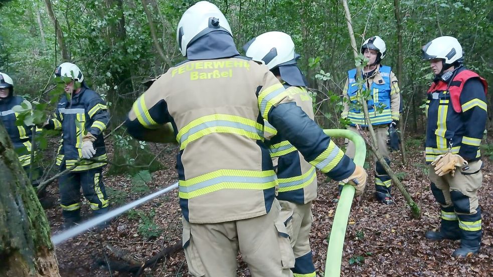 Die Feuerwehr Barßel löschte in Harkebrügge einen kleinen Brand im Waldboden. Foto: Joachim Schulte/Feuerwehr