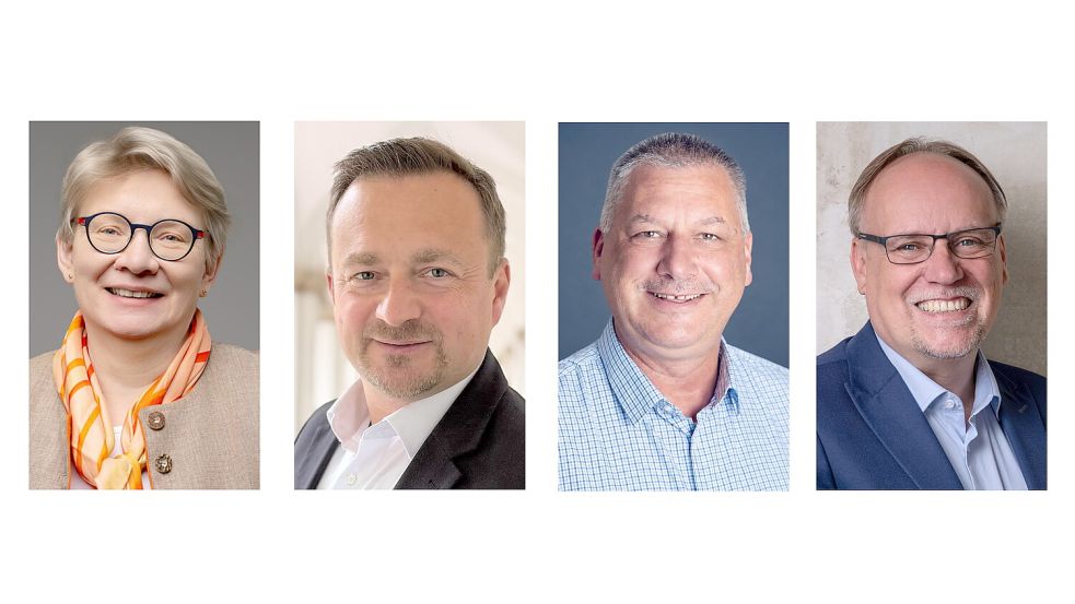Eine Frau und vier Männer wollen auf den Landratsposten im Landkreis Aurich (von links): Dr. Edith Ulferts (CDU), Helmut Emkes (FDP), Detlev Krüger (parteilos/Freie Wähler), Olaf Wiltfang (SPD). Fotos: Lichtbildwerkstatt Aurich/Babett Ehrt, Hendrik Hartmann, FotoPunkt/Lisa Schröder-Ihnen, Meret Edzards-Tschinke