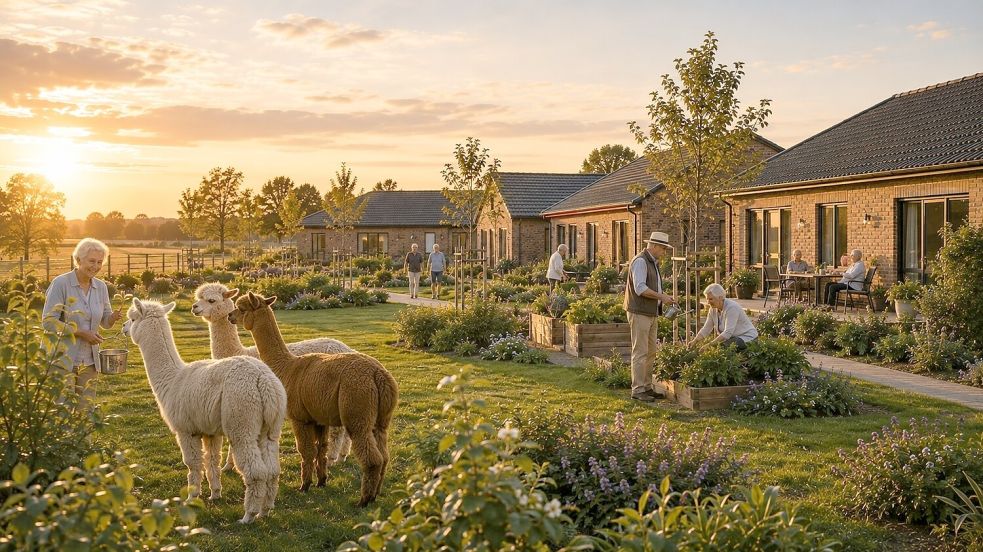 Auf rund 15.000 Quadratmetern soll ein Quartier für Jung und Alt, mit barrierefreien Reihenbungalows, einem Pflegehof für betreutes Wohnen sowie einem Stall- und Tierbereich entstehen. Visualisierung: Patrick Beukema
