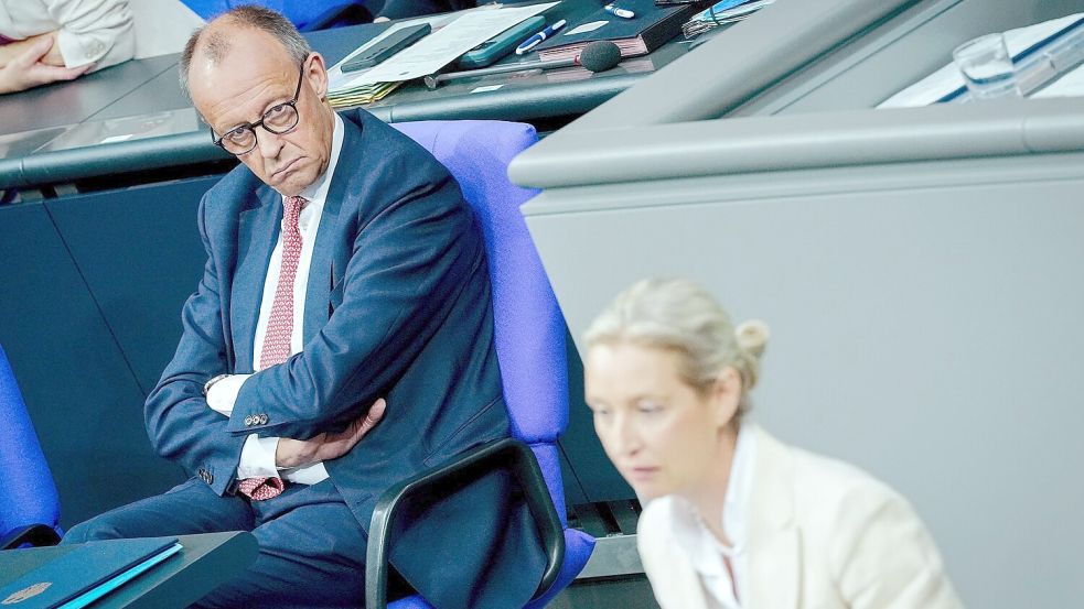 Merz‘ Rededuell mit Weidel dürfte ganz im Zeichen der AfD in Sachsen-Anhalt stehen. (Archivbild) Foto: Kay Nietfeld/dpa
