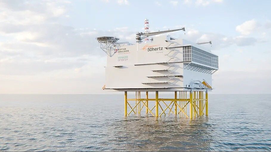 Diese Grafik zeigt, wie die Offshore-Konverteranlage von Neptun Smulders und Siemens Energy aussehen soll. Allein der obere Teil ist etwa 100 Meter lang, 80 Meter hoch und 40 Meter breit.Grafik: 50Hertz