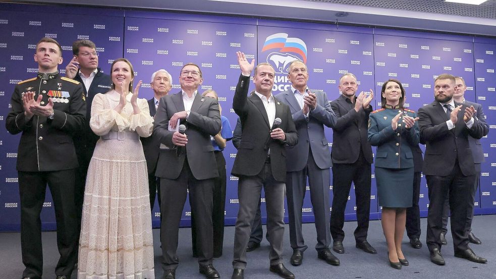 Die Kremlpartei Geeintes Russland ist die maßgebliche politische Kraft hinter dem Krieg gegen die Ukraine. Foto: Ekaterina Shtukina/Pool Sputnik Kremlin/AP/dpa