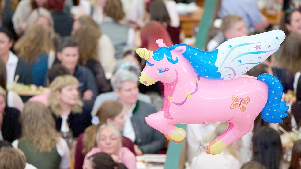 Ein rosa Einhorn schwebt über der Veranstaltung. Foto: Sven Hoppe/dpa