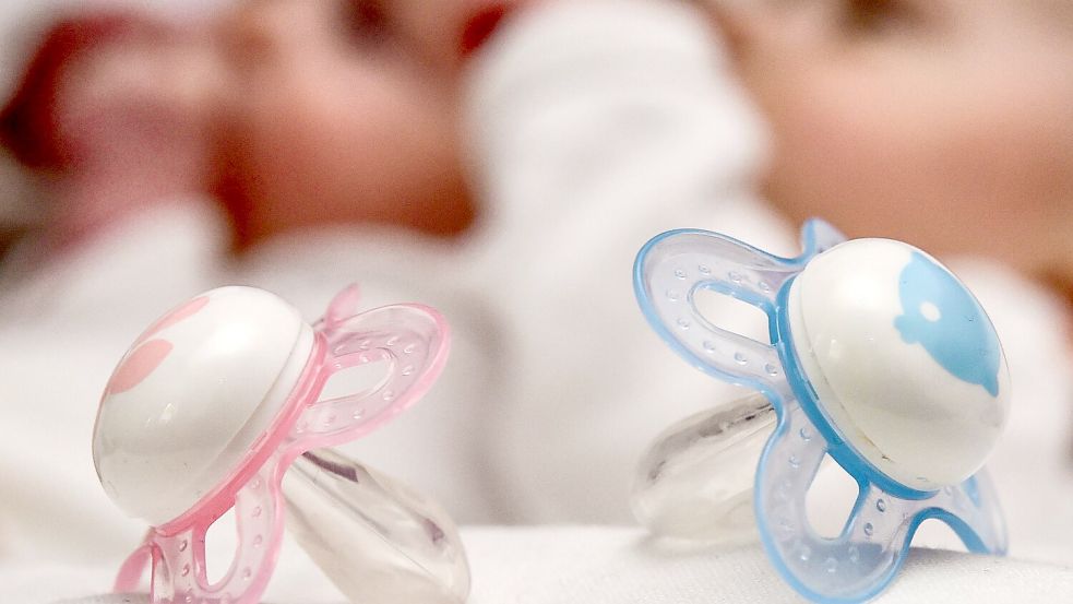 Rosa und blaue Nuckel für ein Mädchen und einen Jungen Foto: picture alliance / Patrick Pleul/dpa-Zentralbild/dpa
