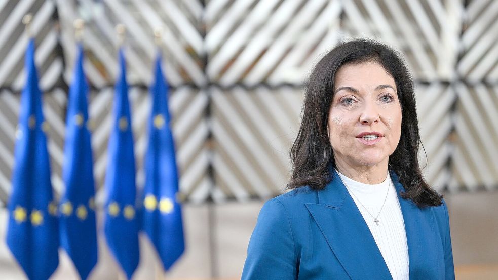 Katherina Reiche wirbt für „Made with Europe“.  Foto: Jennifer Brückner/dpa