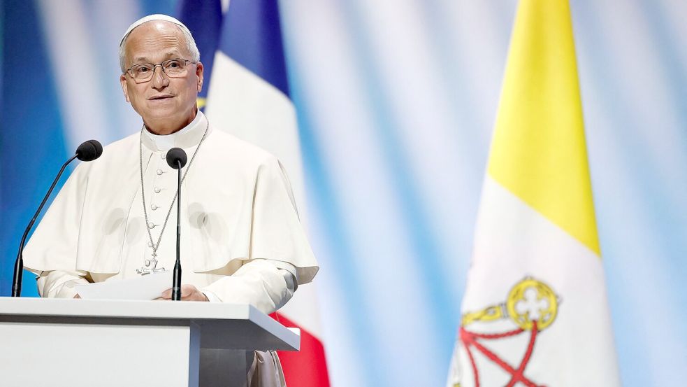Papst Leo XIV. während seiner Grundsatzrede. Foto: Benoit Tessier/Reuters Pool via AP/dpa