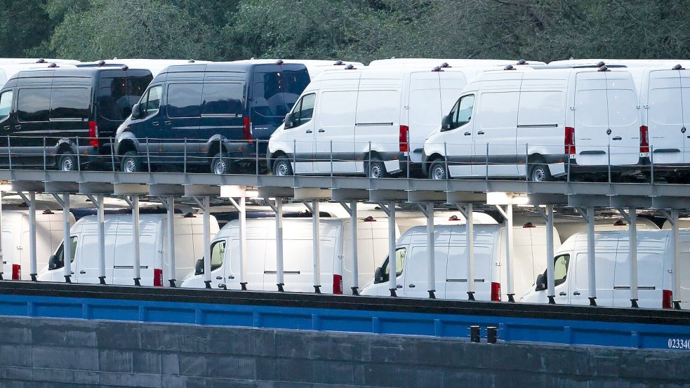 An Bord des Frachtschiffs sind jede Menge Mercedes-Sprinter. Foto: Christoph Reichwein/dpa