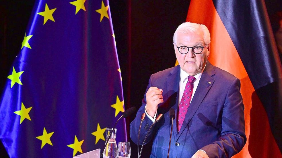 Bundespräsident Frank-Walter Steinmeier spricht beim Festakt zum Tag der Deutschen Einheit Foto: Sina Schuldt/dpa-Pool/dpa